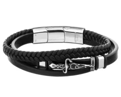 Bransoletka ze stali szlachetnej i skóry - sztylet