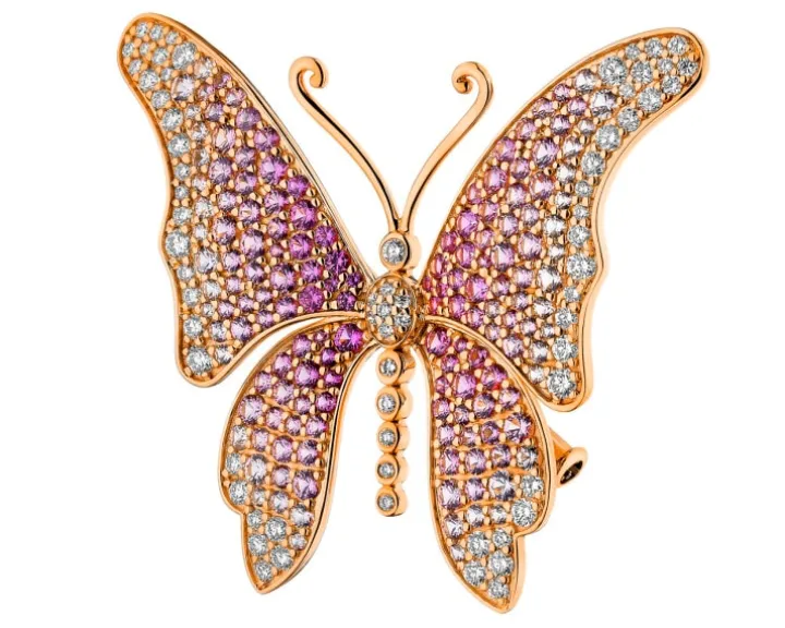 Broszka - zawieszka z różowego złota z brylantami i szafirami - motyl - próba 750