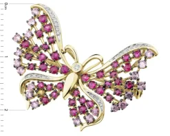 Broszka - zawieszka z żółtego złota z diamentami i kamieniami szlachetnymi - motyl - próba 585
