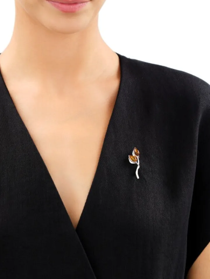 Broszka srebrna z bursztynem - liście