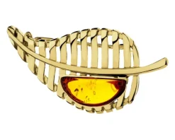 Broszka srebrna z bursztynem - liść