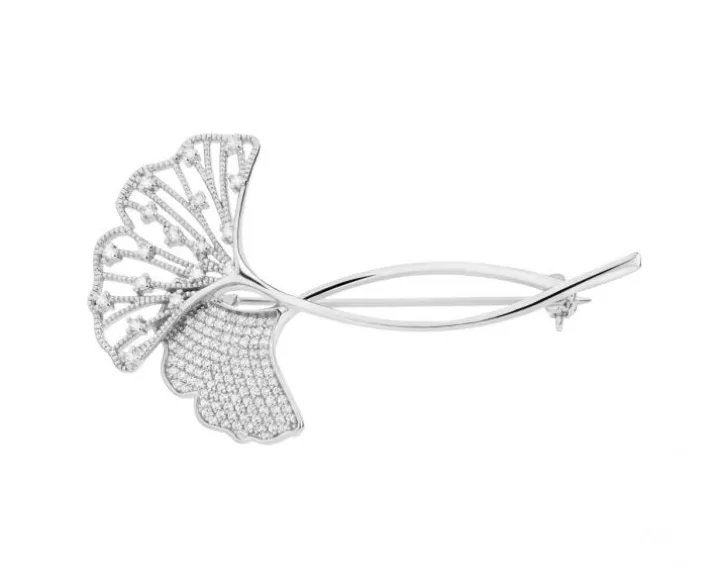 Broszka srebrna z cyrkoniami - miłorząb