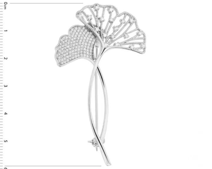 Broszka srebrna z cyrkoniami - miłorząb