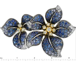 Broszka z białego i żółtego złota z brylantami i szafirami cejlońskimi - kwiaty - próba 750