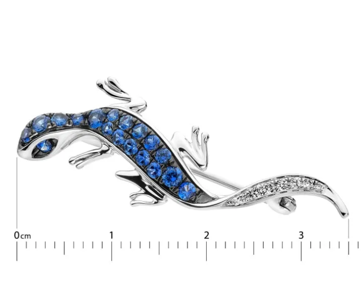 Broszka z białego złota z brylantami i szafirami cejlońskimi - jaszczurka - próba 585