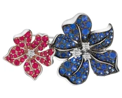 Broszka z białego złota z brylantami i kamieniami szlachetnymi - kwiaty - próba 750