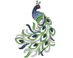 Broszka z białego złota z brylantami, kamieniami szlachetnymi i ozdobnymi - paw - próba 750