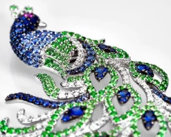 Broszka z białego złota z brylantami, kamieniami szlachetnymi i ozdobnymi - paw - próba 750