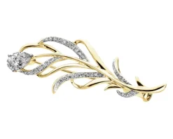 Broszka z żółtego i białego złota z diamentami - piórko - 0,45 ct - próba 585