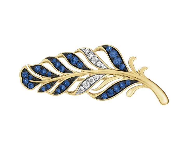 Broszka z żółtego złota z brylantami i szafirami cejlońskimi - piórko - próba 585