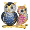 Broszka z żółtego złota z brylantami i szafirami kolorowymi - sowy - próba 750
