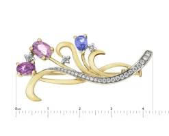 Broszka z żółtego złota z brylantami, kamieniami szlachetnymi i ozdobnymi - próba 585