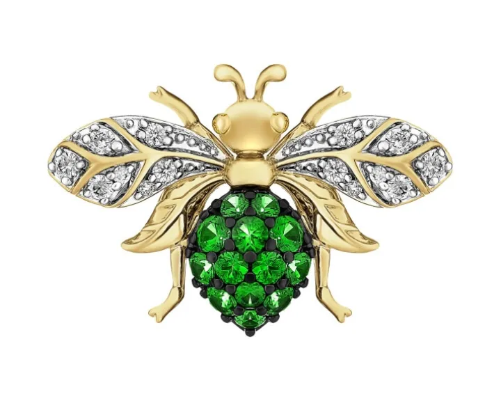 Broszka z żółtego złota z brylantami i granatami - pszczółka - próba 585