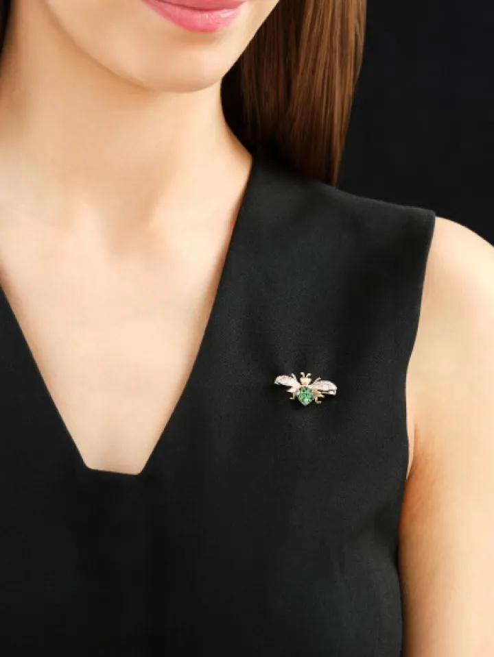 Broszka z żółtego złota z brylantami i granatami - pszczółka - próba 585