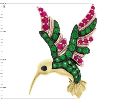 Broszka z żółtego złota z czarnym brylantem, kamieniami szlachetnymi i ozdobnymi - koliber - próba 585