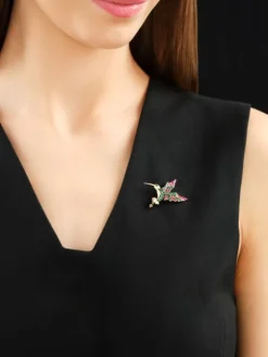 Broszka z żółtego złota z czarnym brylantem, kamieniami szlachetnymi i ozdobnymi - koliber - próba 585