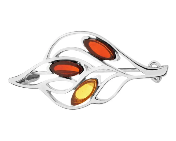 Broszki srebrne z bursztynem - liść