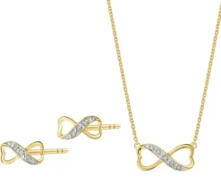 Kolczyki i naszyjnik z żółtego złota z diamentami - komplet - nieskończoność - 0,03 ct - próba 375