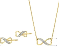 Kolczyki i naszyjnik z żółtego złota z diamentami - komplet -  nieskończoność - 0,03 ct - próba 375