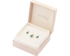 Kolczyki i zawieszka z żółtego złota z diamentami i szmaragdami syntetycznymi - próba 375