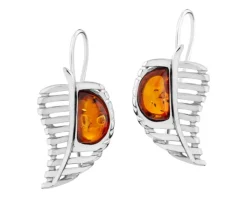 Kolczyki srebrne z bursztynem - liście