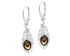 Kolczyki srebrne z bursztynem - piórka