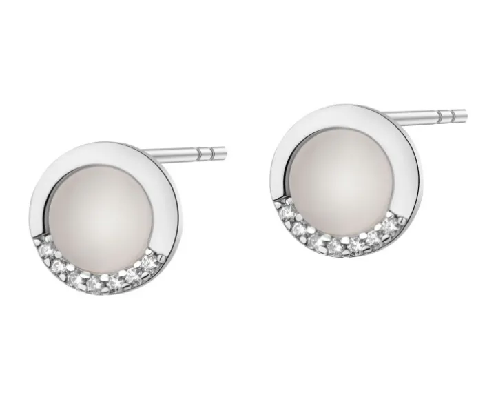 Kolczyki srebrne z cyrkoniami i kamień jubilerski z efektem kociego oka - koła