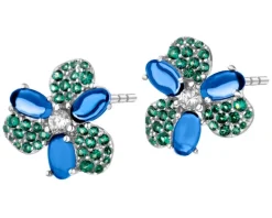 Kolczyki srebrne z cyrkoniami i szlifowanym szkłem - kwiaty