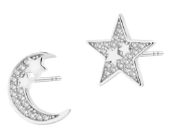 Kolczyki srebrne z cyrkoniami - Księżyc, gwiazdy