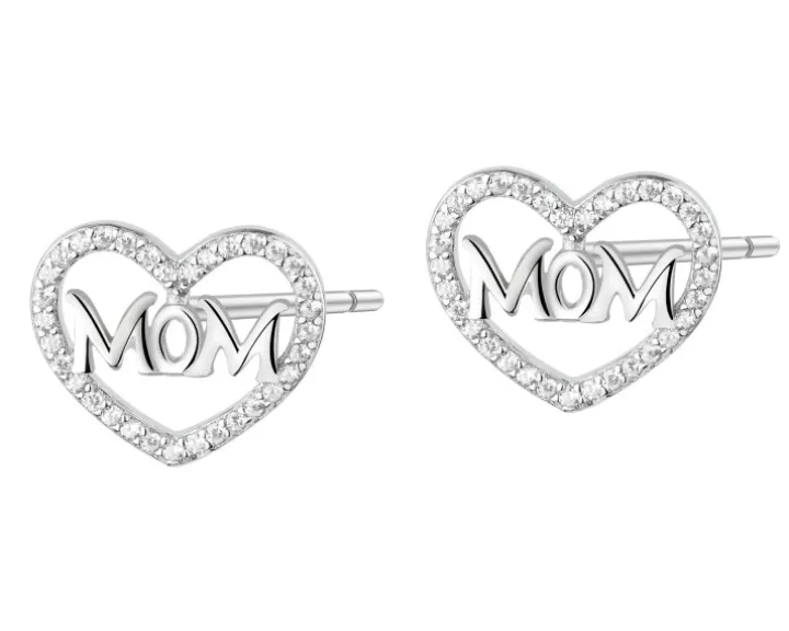 Kolczyki srebrne z cyrkoniami - mama, serca