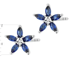 Kolczyki z białego złota z diamentami i szafirami syntetycznymi - kwiaty - próba 375