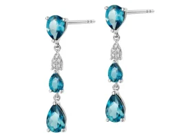 Kolczyki z białego złota z diamentami i topazami London Blue - próba 585