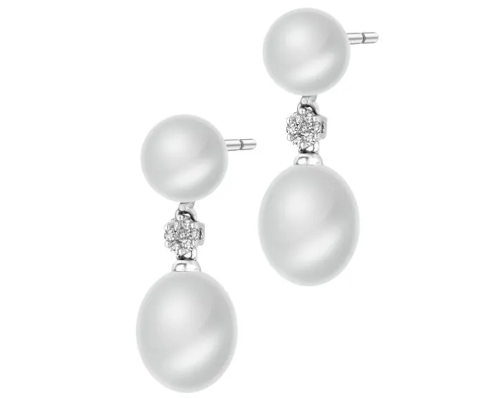 Kolczyki z białego złota z diamentami i perłami - próba 585