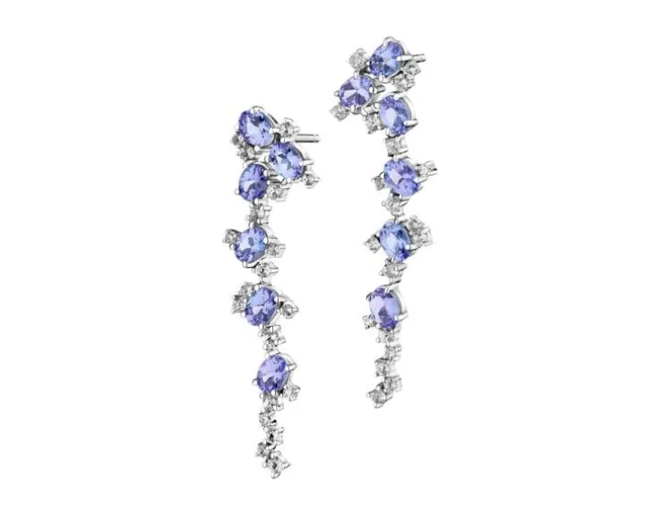 Kolczyki z białego złota z diamentami, tanzanitami i topazami białymi - próba 585