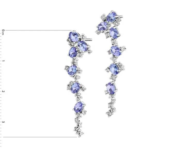 Kolczyki z białego złota z diamentami, tanzanitami i topazami białymi - próba 585