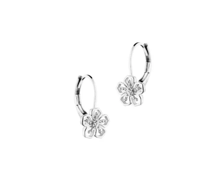 Kolczyki z białego złota z diamentami - kwiaty - 0,01 ct - próba 585