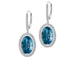 Kolczyki z białego złota z brylantami i topazami London Blue - próba 585