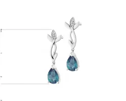 Kolczyki z białego złota z diamentami i topazami London Blue - liście - próba 585