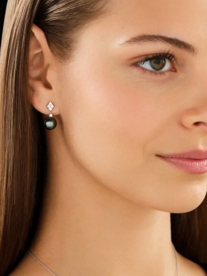 Kolczyki z białego złota z brylantami i perłami Tahiti - próba 750