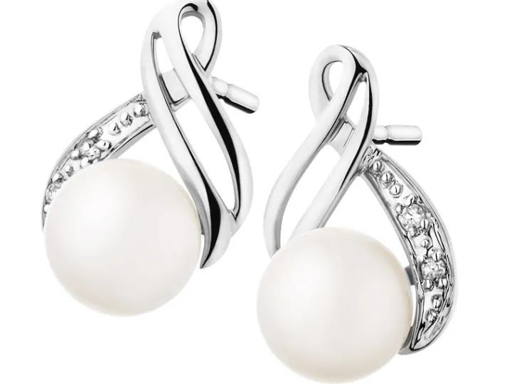 Kolczyki z białego złota z diamentami i perłami - próba 585