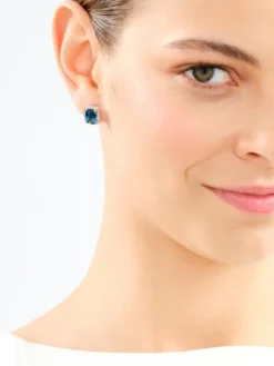 Kolczyki z białego złota z diamentami i topazami London Blue - próba 585
