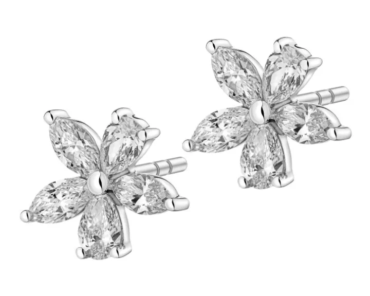 Kolczyki z białego złota z diamentami - kwiaty - 0,94 ct - próba 585