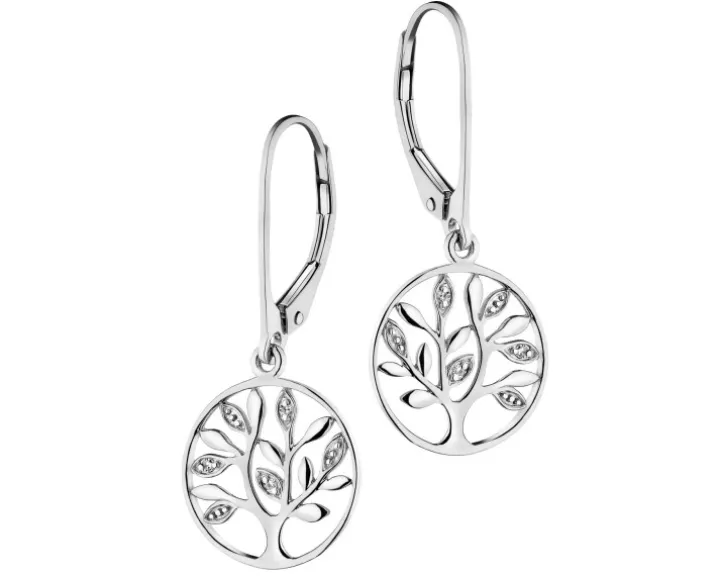 Kolczyki z białego złota z diamentami - drzewka - 0,01 ct - próba 585