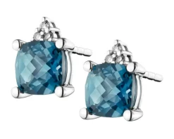Kolczyki z białego złota z diamentami i topazami London Blue - próba 375