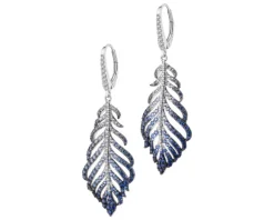 Kolczyki z białego złota z  brylantami i szafirami cejlońskimi - piórka - próba 750