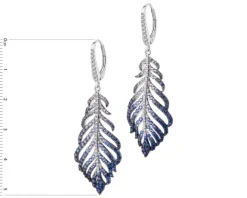 Kolczyki z białego złota z  brylantami i szafirami cejlońskimi - piórka - próba 750