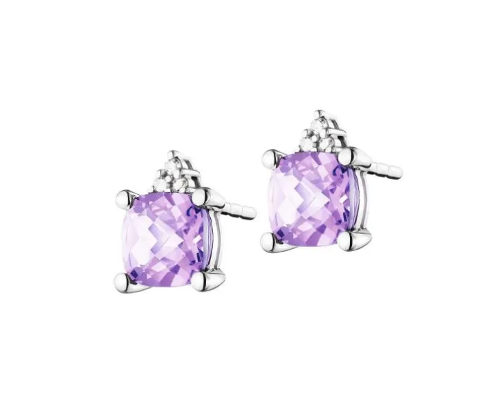 Kolczyki z białego złota z diamentami i ametystami - próba 375