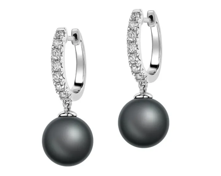 Kolczyki z białego złota z brylantami i perłami Tahiti - próba 750