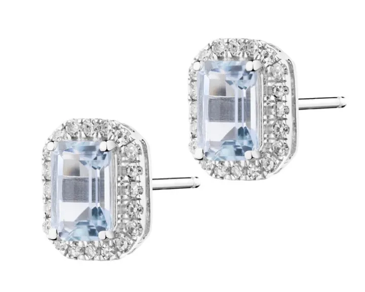 Kolczyki z białego złota z diamentami i akwamarynami - próba 585
