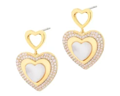 Kolczyki z mosiądzu pozłacane z cyrkoniami i masą perłową - serca